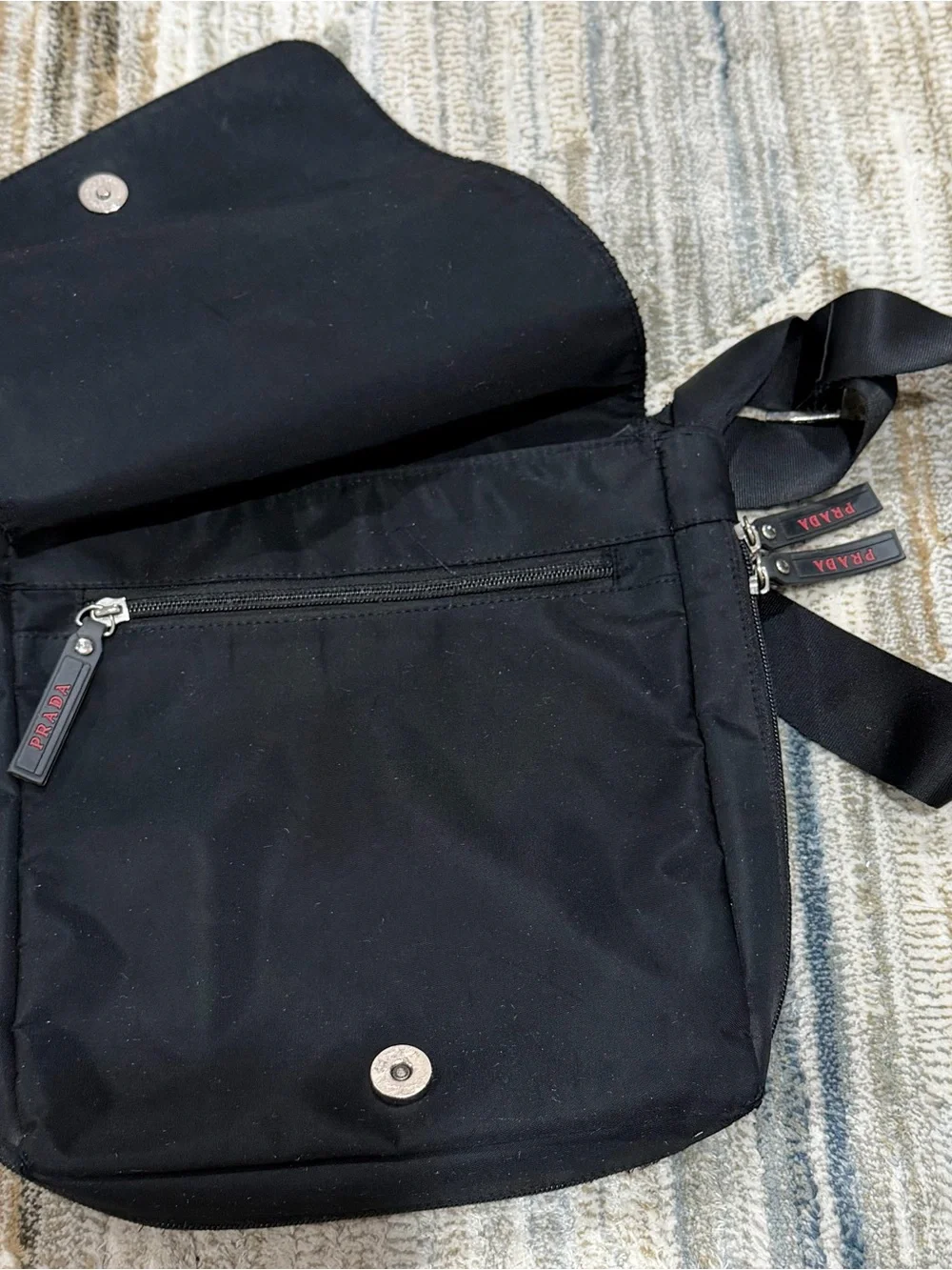 Prada Black Nylon Messenger Bag with Red Logo Accents